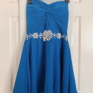 deep blue short strapless dress